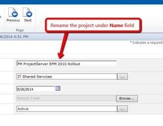 An image from the Faisal Masood article on renaming a project through Microsoft PWA