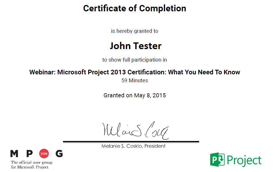 certificate of completion of project