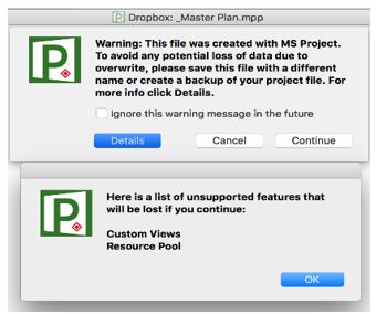 Project Plan 365 warns you of any incompatibilities