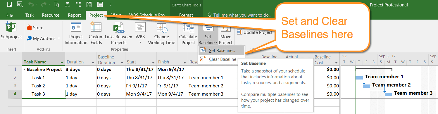 Setting and clearing baselines in Microsoft Project Professional