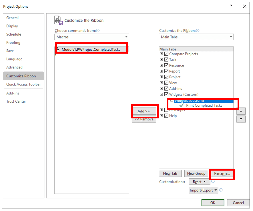 Customizing the ribbon in Ms Project