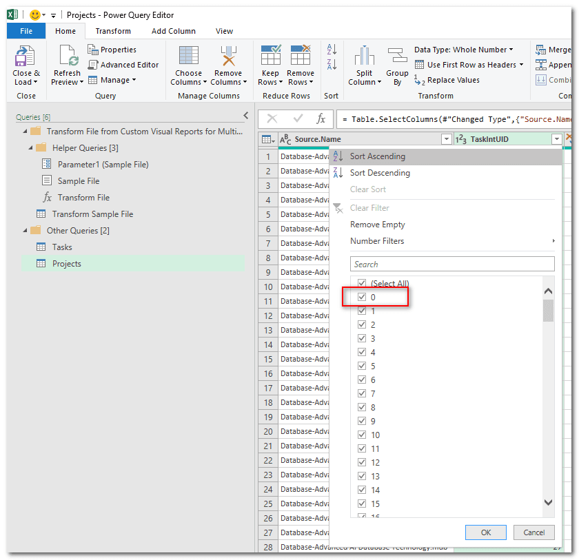 Filtering project-level data in the Projects table