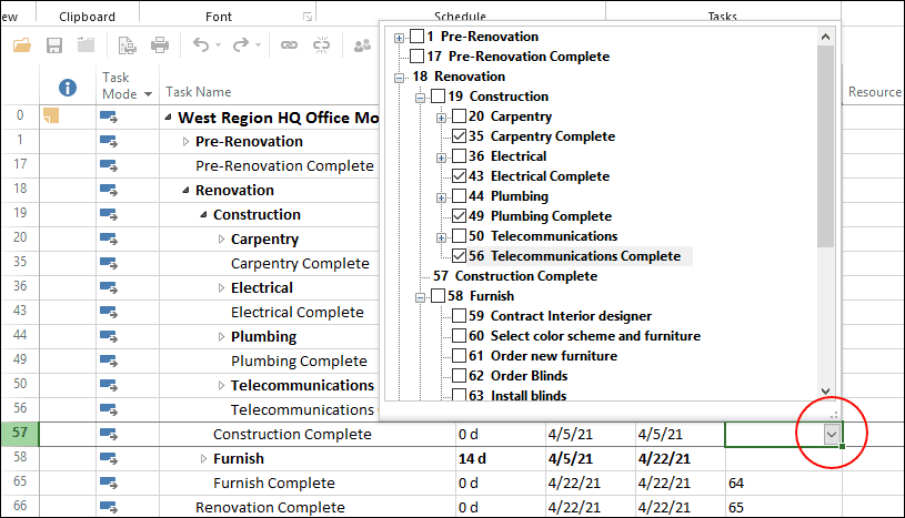 Microsoft project quick tip using the predecessors column to select 