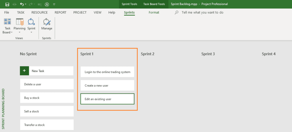 example Product Backlog in Microsoft Project