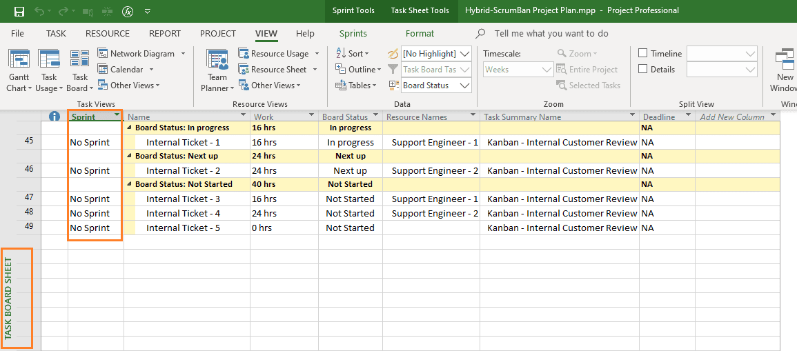 SPrint Tools in Ms PRoject