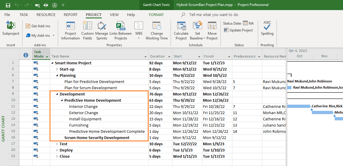 Development Phase in Microsoft Project
