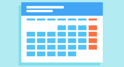 A monthly calendar that is blue and white with red highlights.