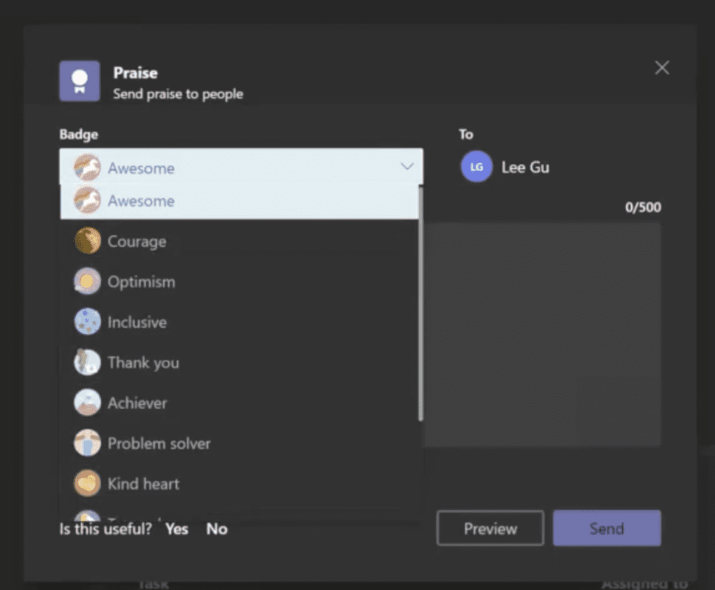 Sending Praise in Ms Teams Chat