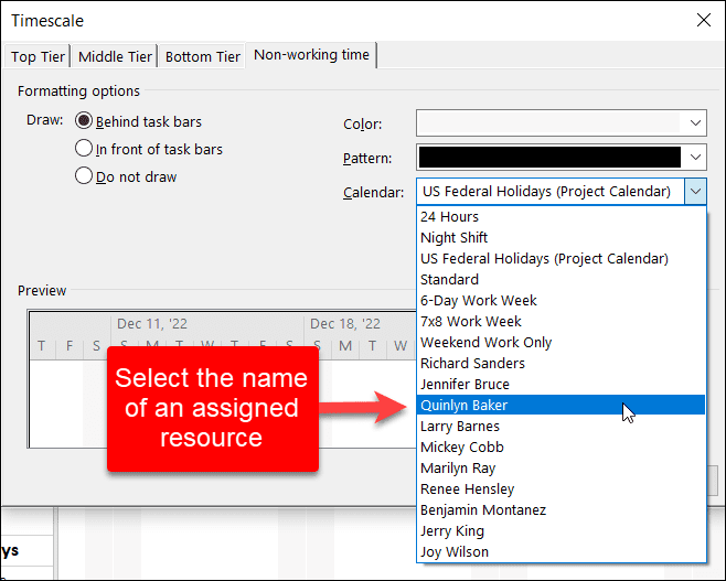 elect a resource in the Timescale dialog