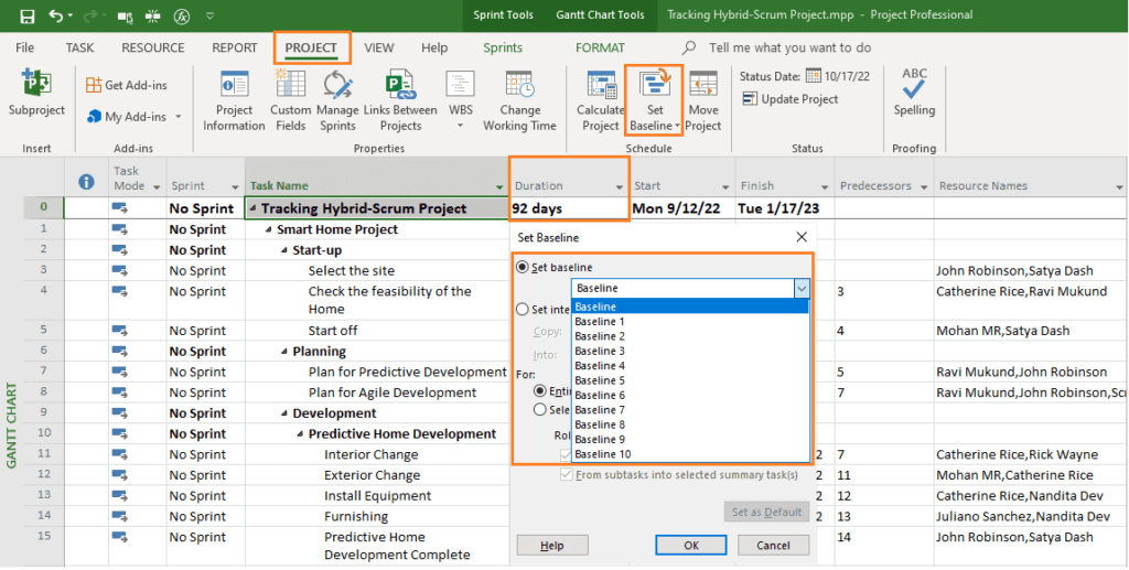 Baselining the project