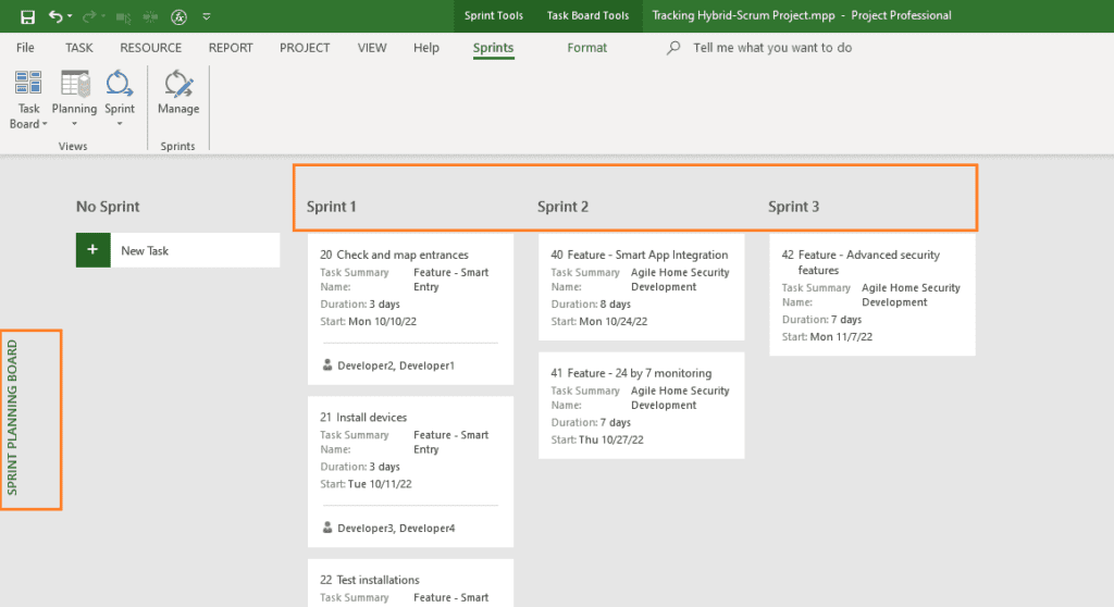 The sprint planning board view
