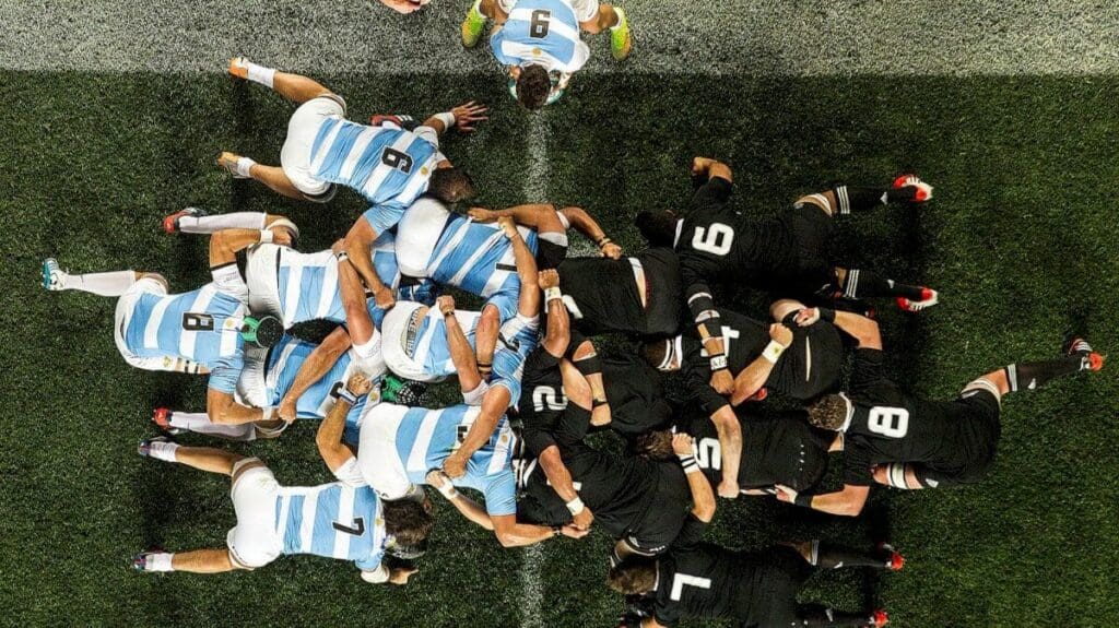 Players packing together in a rugby scrum