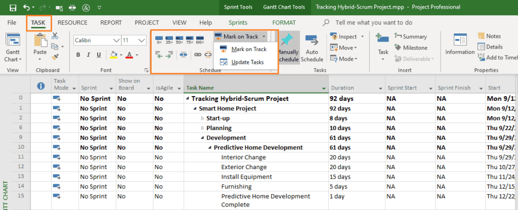 Sprint Tools in MS Project