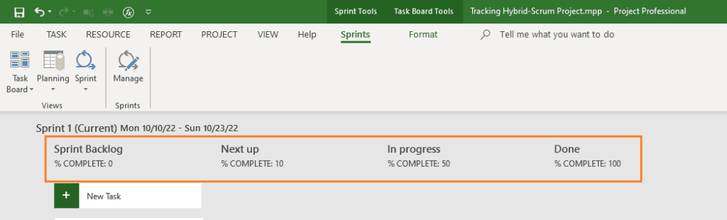 Sprints view in Ms Project