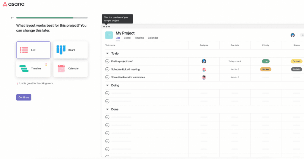 View of Asana Project Management Interface