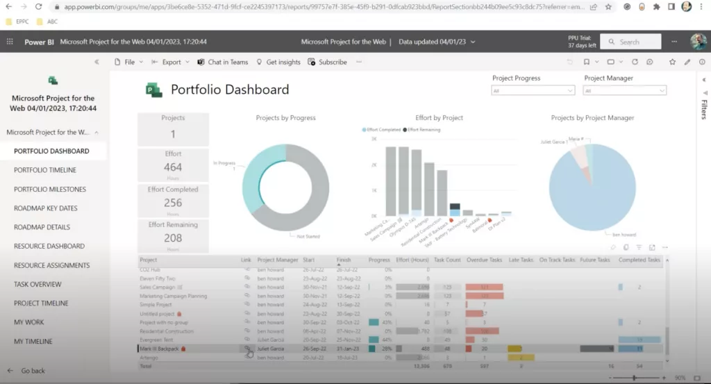 Visual representation of your data from your Project web App