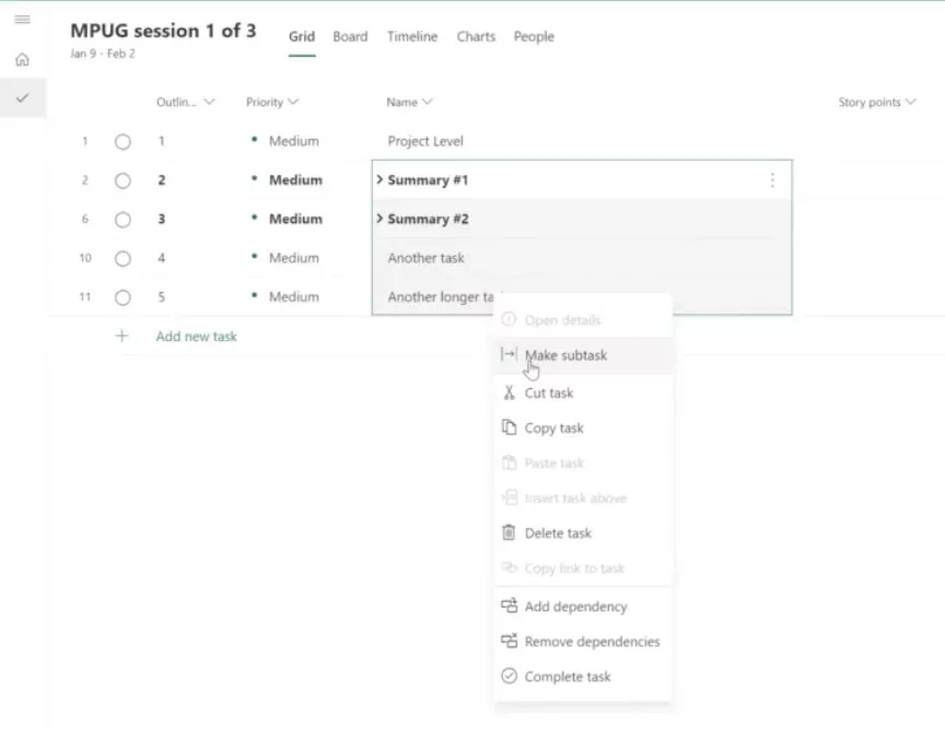 project on the web training Making the project tasks subtasks under the "Project Level."