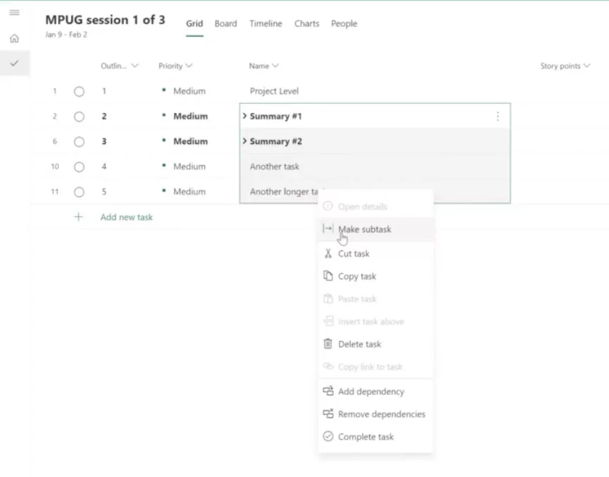 Making the project tasks subtasks under the "Project Level."