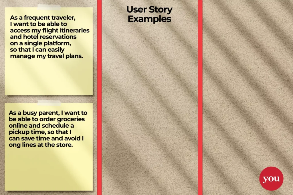 Two real-life examples of user stories. Story #1: As a frequent traveler, I want to be able to access my flight itineraries and hotel reservations on a single platform, so that I can easily manage my travel plans. Story #2: As a busy parent, I want to be able to order groceries online and schedule a pickup time, so that I can save time and avoid long lines at the store.  