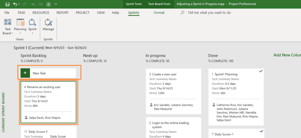 Add Feature in Board View in MS Project Agile