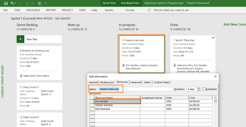 Modify Operation in MS Project Agile