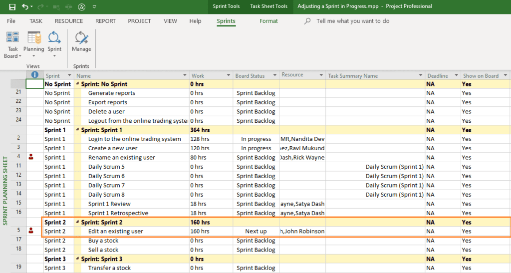 Move Operation in Sheet View in MS Project Agile