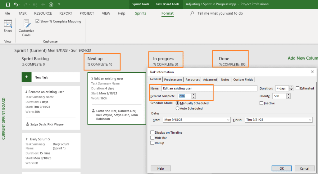 Percent Complete Operation in MS Project Agile