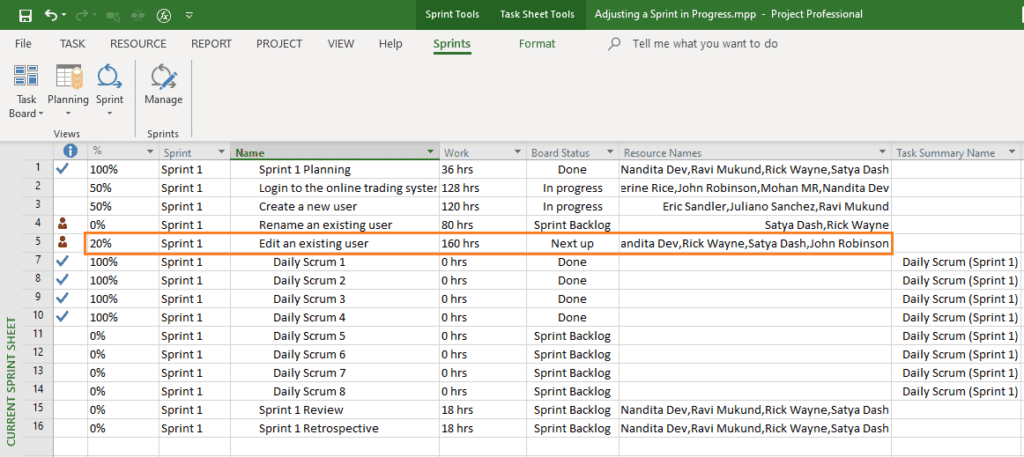 Percent Complete Operation in Sheet View in MS Project Agile