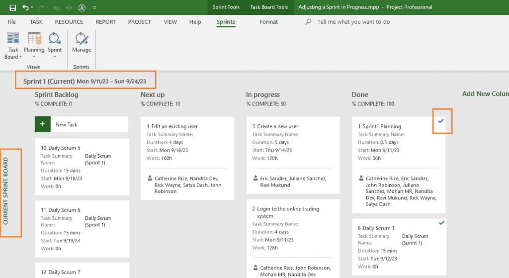 Sprint Shown in the Current Sprint Board View in MS Project Agile