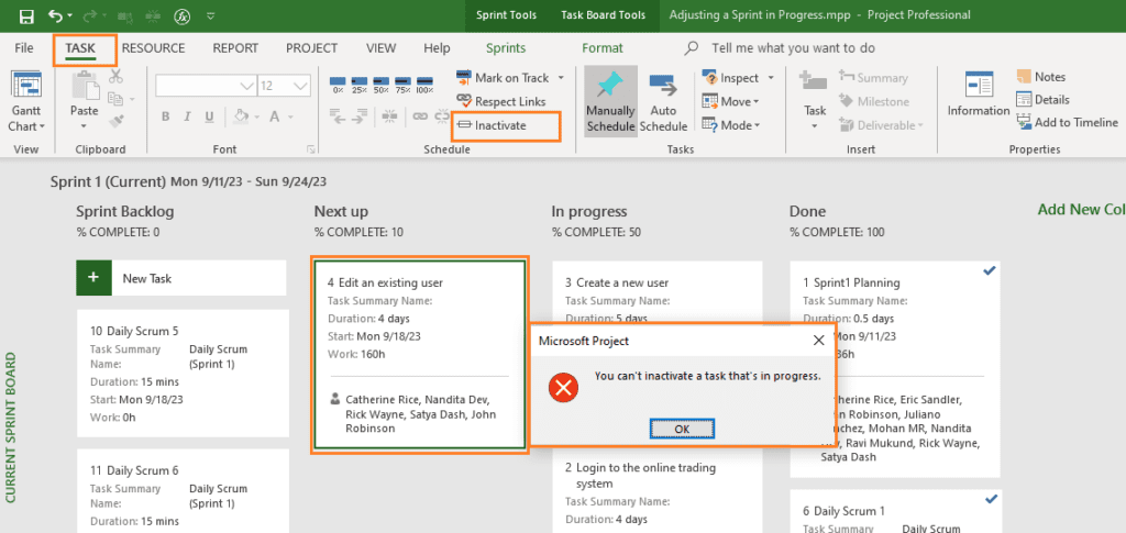 Inactivating a Task and Error Box in MS Project Agile