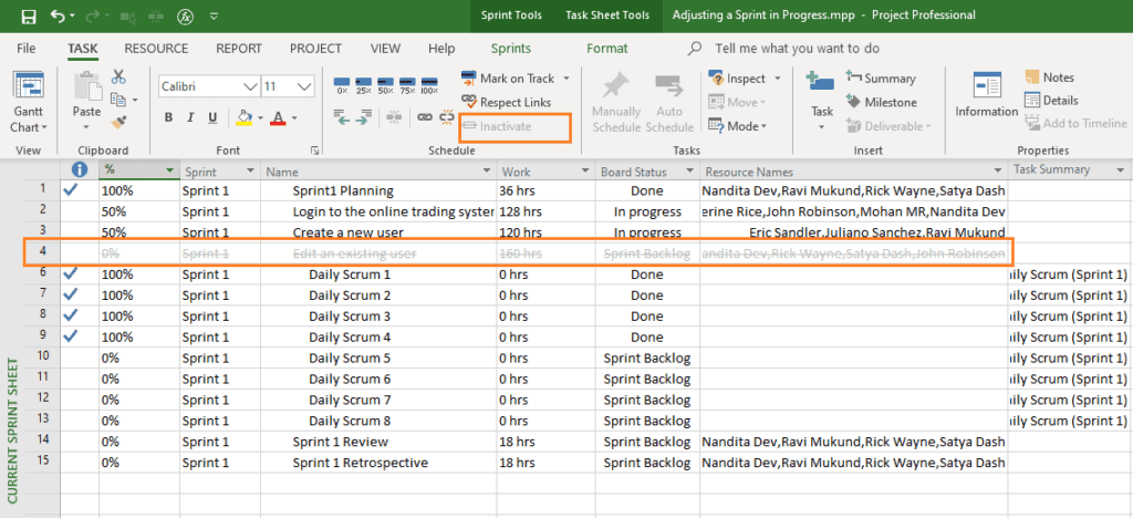 Inactive Feature in Current Sprint Planning Sheet View in MS Project Agile
