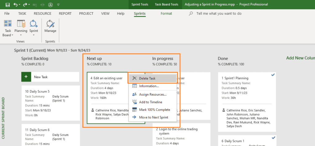 Delete Task Command in MS Project Agile