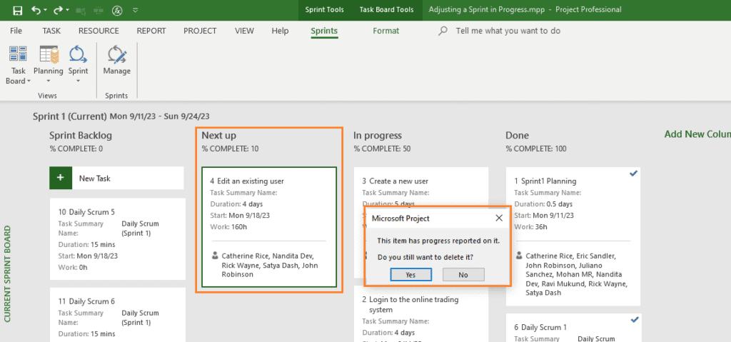 Delete Task Soft Message Pop-Up in MS Project Agile