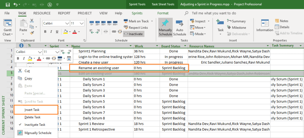 Add Feature Using Insert Task Command in MS Project Agile