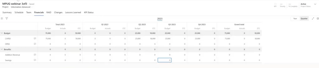 "An image of a financial grid with columns for KPEX, OPEX, and benefit options, and rows for different time periods including year, quarter, and month. The grid supports multiple currencies and allows for the input of actuals, which are saved in a separate table. The grid is a key feature of the PPM solution, providing users with a powerful tool for tracking financial data.