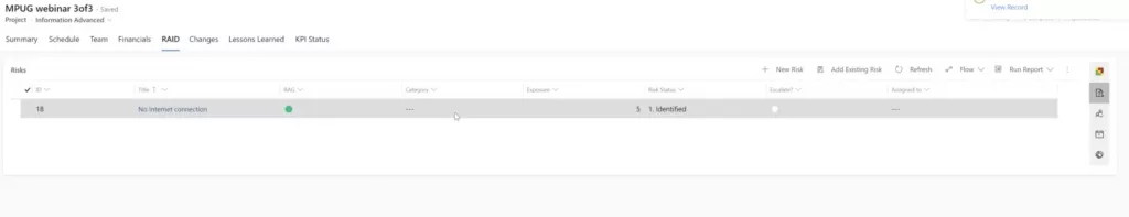 RAID Tab in Projectum's PPM Solution