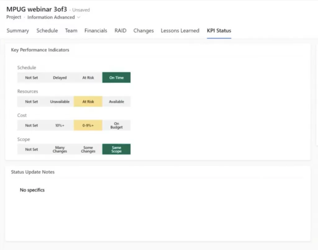 KPI status indication in projectums ppm solution