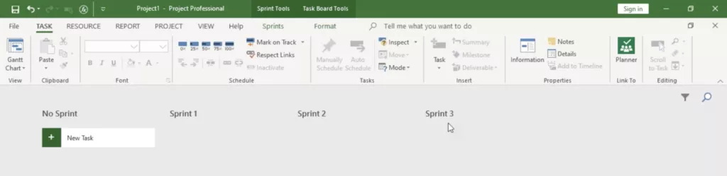 Sprint Planning Board in Microsoft Project