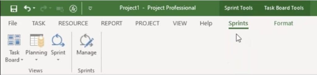 Sprints Tool Tab in MS Project