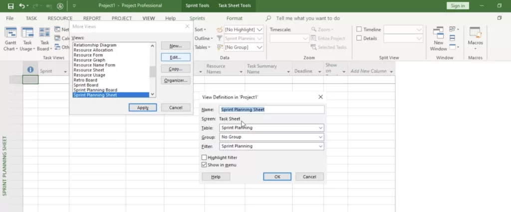 The properties of the "Sprint planning sheet"