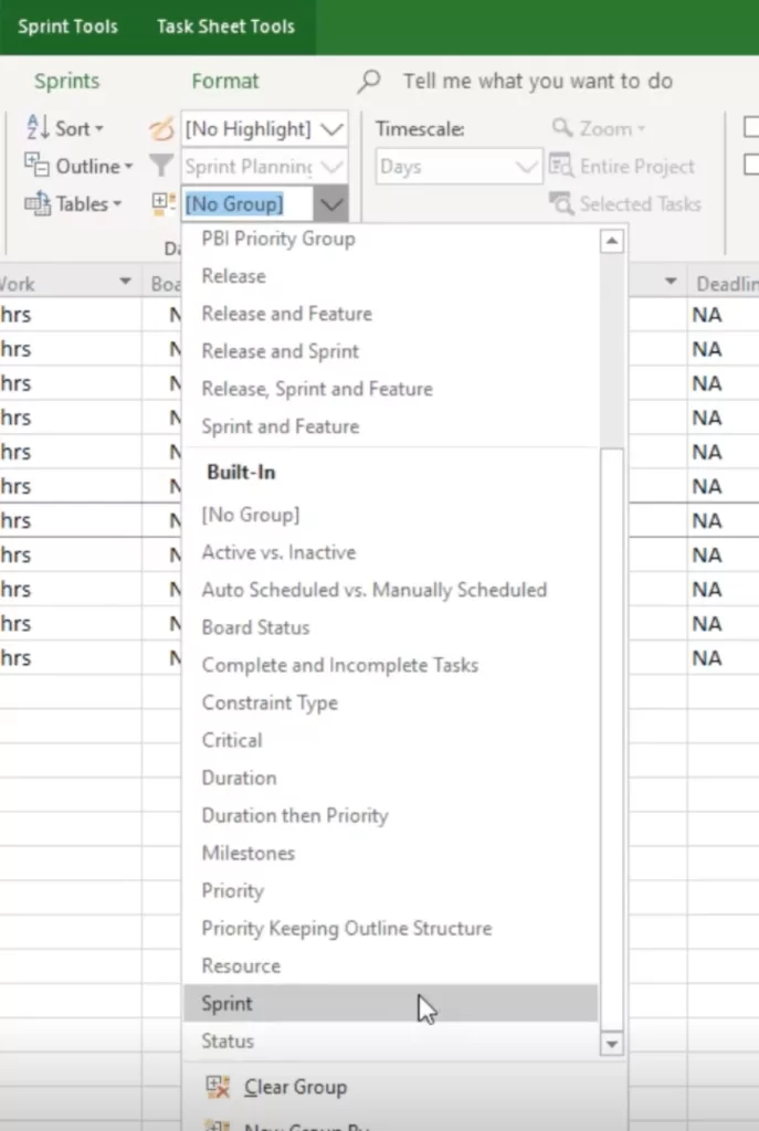 Formatting Sprint in Microsoft Project
