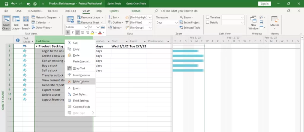 Adding Sprint Information to Gantt Chart View