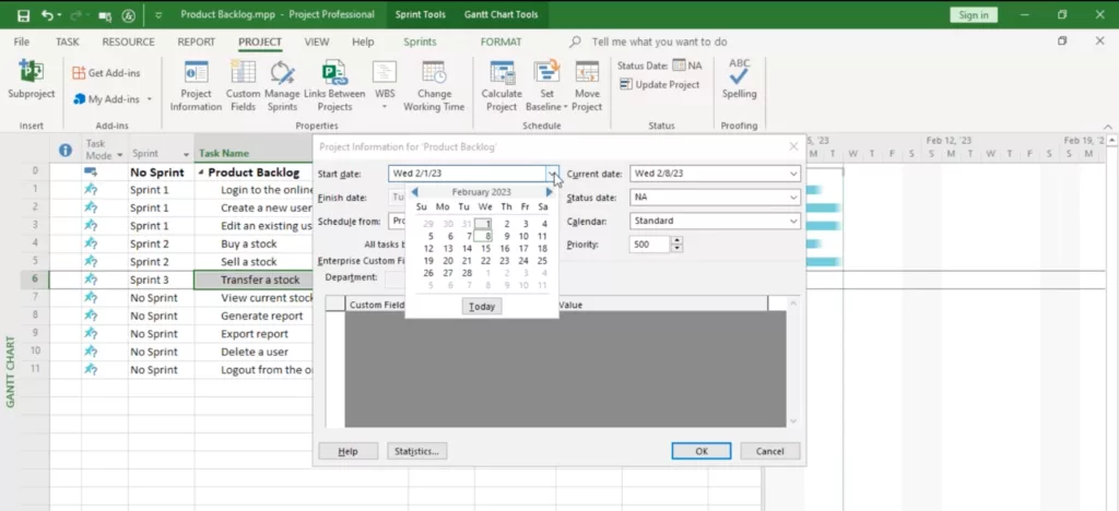 Setting the Project Start Date in Microsoft Project