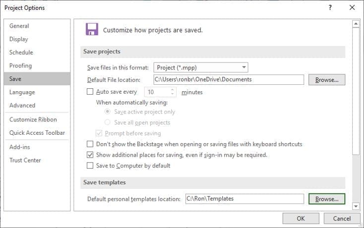 Customize how projects are saved and save templates in MS Project Professional Desktop Edition