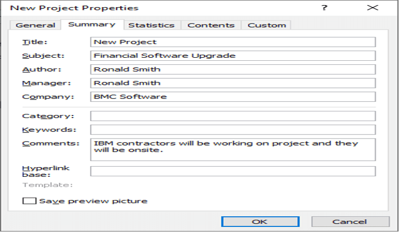 How to view and edit new project properties in MS Project Professional Desktop Edition