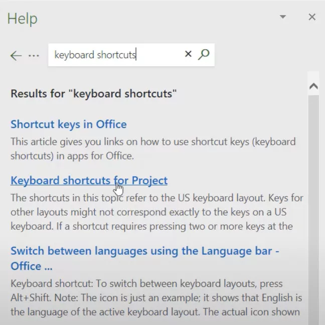 microsoft project keyboard shortcuts