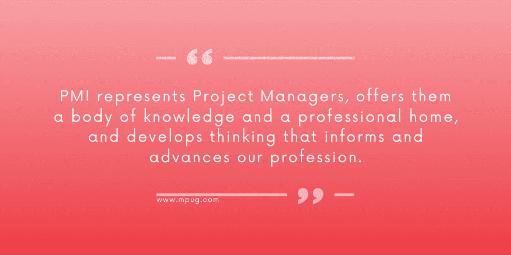 "PMI represents Project Managers, offers them a body of knowledge and a professional home, and develops thinking that informs and advances our profession."
