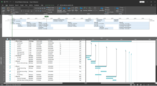 In this example from Project Desktop, the Gantt chart on the right has too much detail, and the timeline along the top doesn’t have enough: