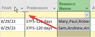 Moving Resource Names column in front of Predecessors column.