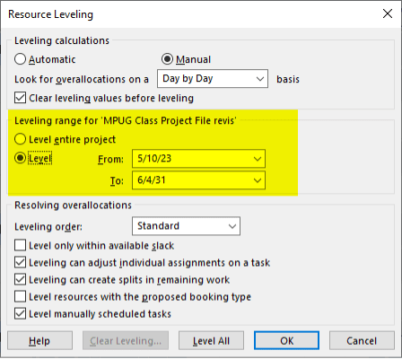 Set preferences in the Resource Leveling box.